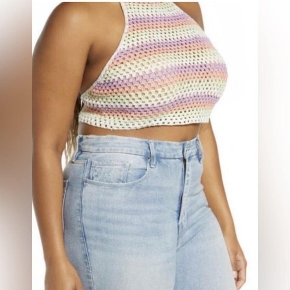 NEW Rainbow crochet Halter Top Multi Color Striped backless tie Size 3X